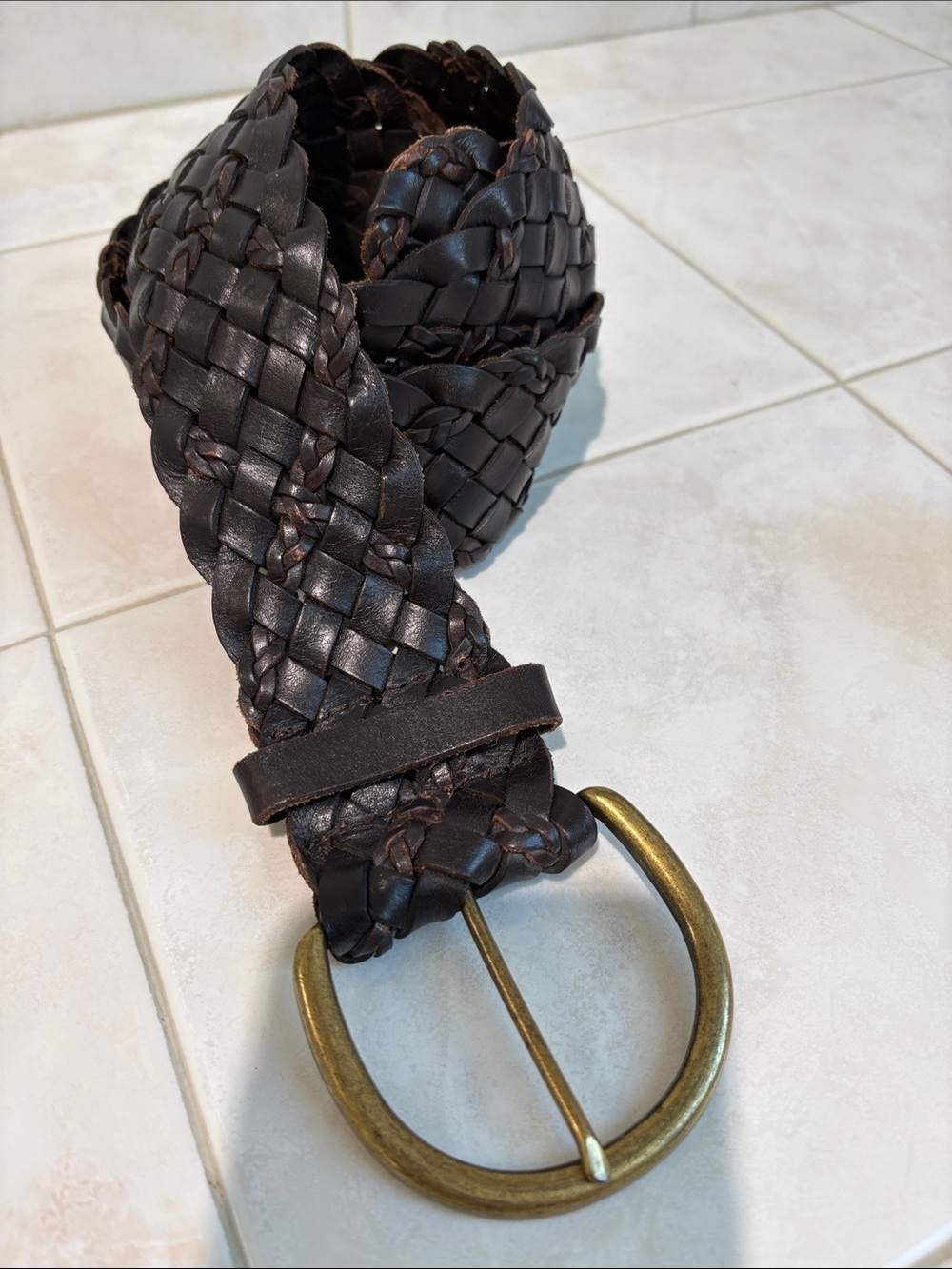 Wide Woven Vintage Leather Belt in Dark  Brown with Brass Metal Buckle